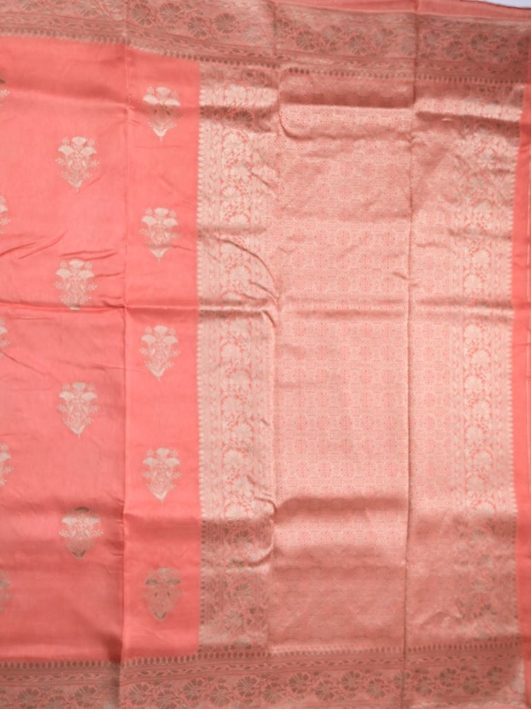 Dola silk fancy saree coral pink color allover zari weaves & zari border with rich pallu and attached plain blouse