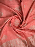 Dola silk fancy saree coral pink color allover zari weaves & zari border with rich pallu and attached plain blouse