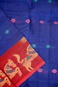 Dhaka cotton saree blue and maroon color with allover thread motives, thread border, contrast pallu and running blouse.
