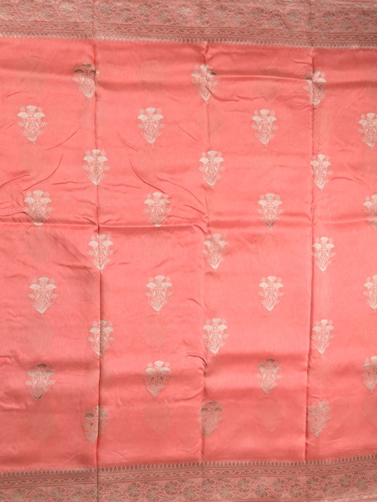 Dola silk fancy saree coral pink color allover zari weaves & zari border with rich pallu and attached plain blouse