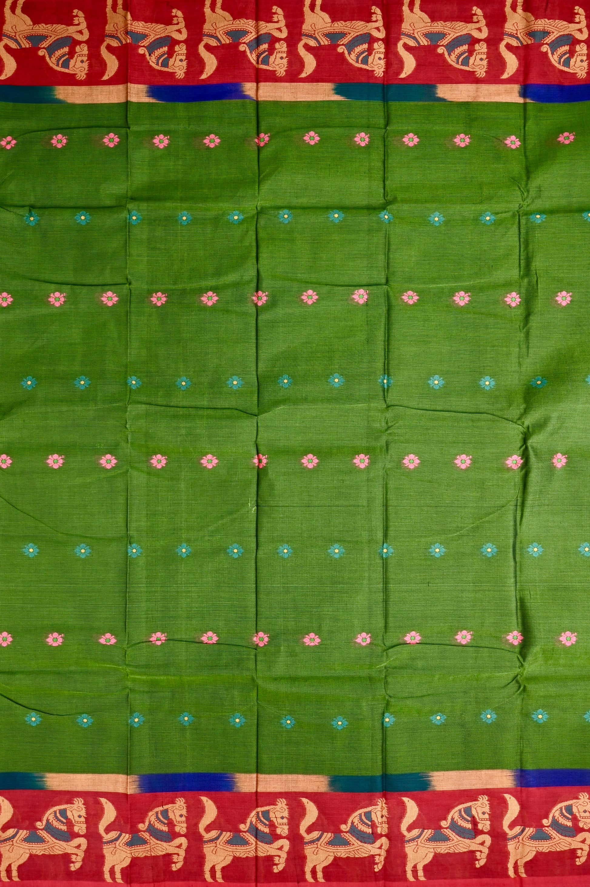 Dhaka cotton saree bottle green and maroon color with allover thread motives, thread border, contrast pallu and running blouse.