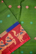 Dhaka cotton saree bottle green and maroon color with allover thread motives, thread border, contrast pallu and running blouse.