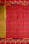 Dhaka cotton saree green and red color with allover thread motives, thread border, contrast pallu and running blouse.
