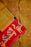 Dhaka cotton saree green and red color with allover thread motives, thread border, contrast pallu and running blouse.