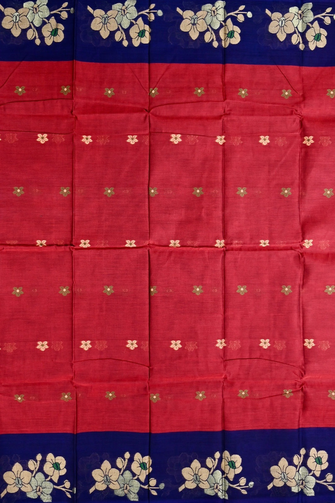 Dhaka cotton red and blue color with allover thread motives, thread border, contrast pallu and running blouse.