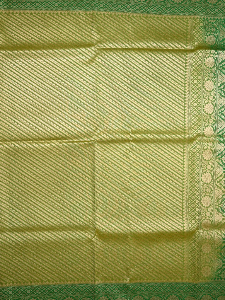 Banaras pattu saree parrot green color allover zari stripes & zari weaving border with rich pallu and contrast plain blouse