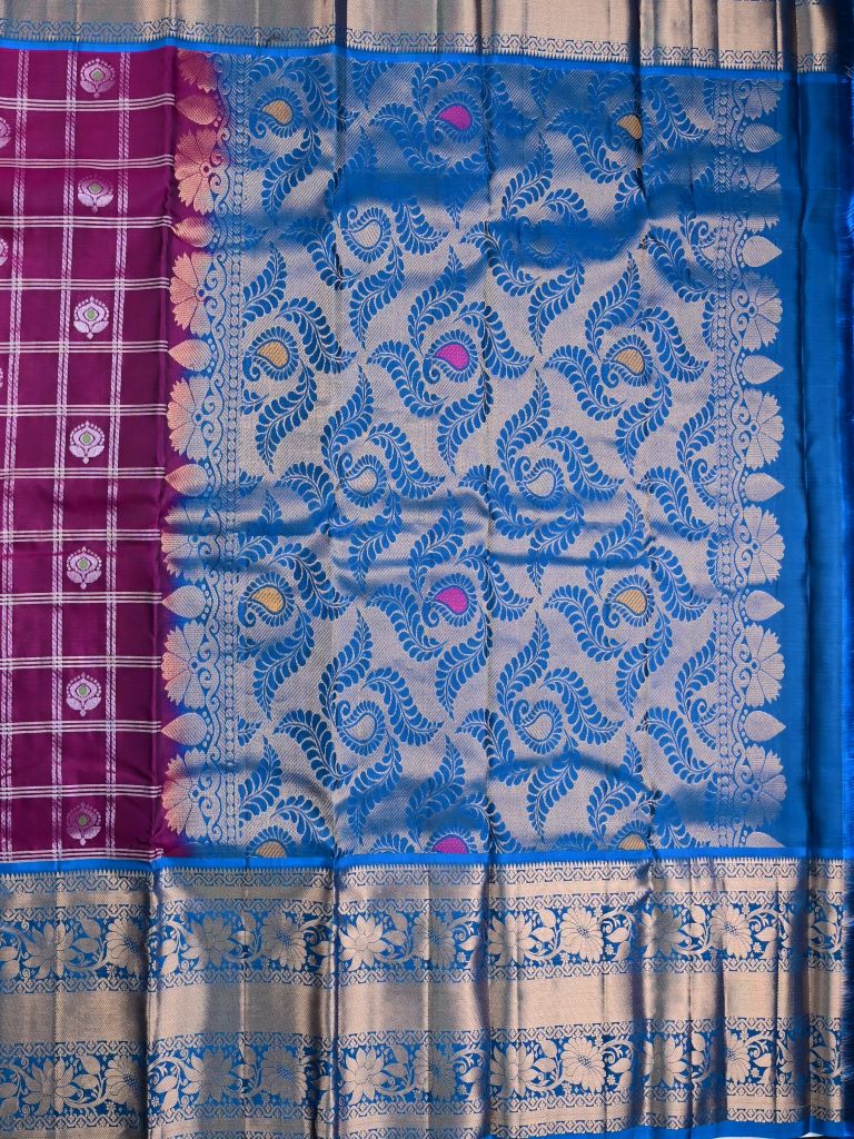 Kanchi pattu saree purple color color allover zari motifs & kanchi border with rich pallu and contrast blouse