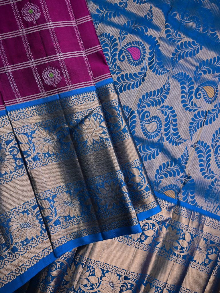 Kanchi pattu saree purple color color allover zari motifs & kanchi border with rich pallu and contrast blouse