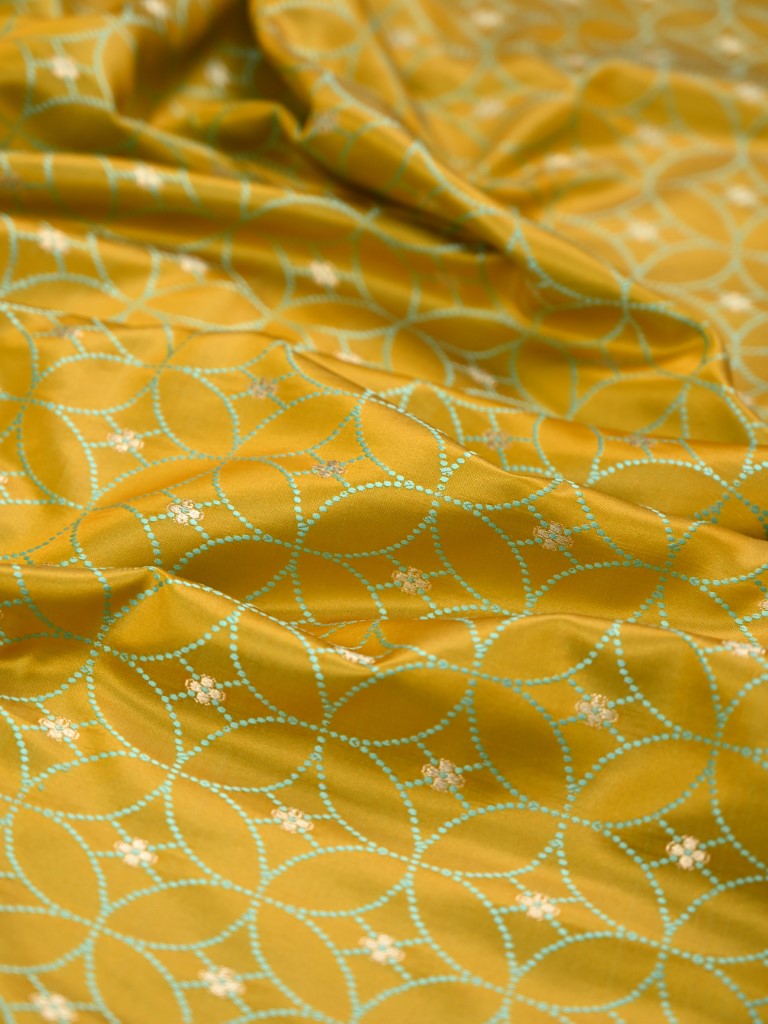 Banaras pattu saree golden yellow color allover zari weaves & zari weaving border with rich pallu and contrast plain blouse