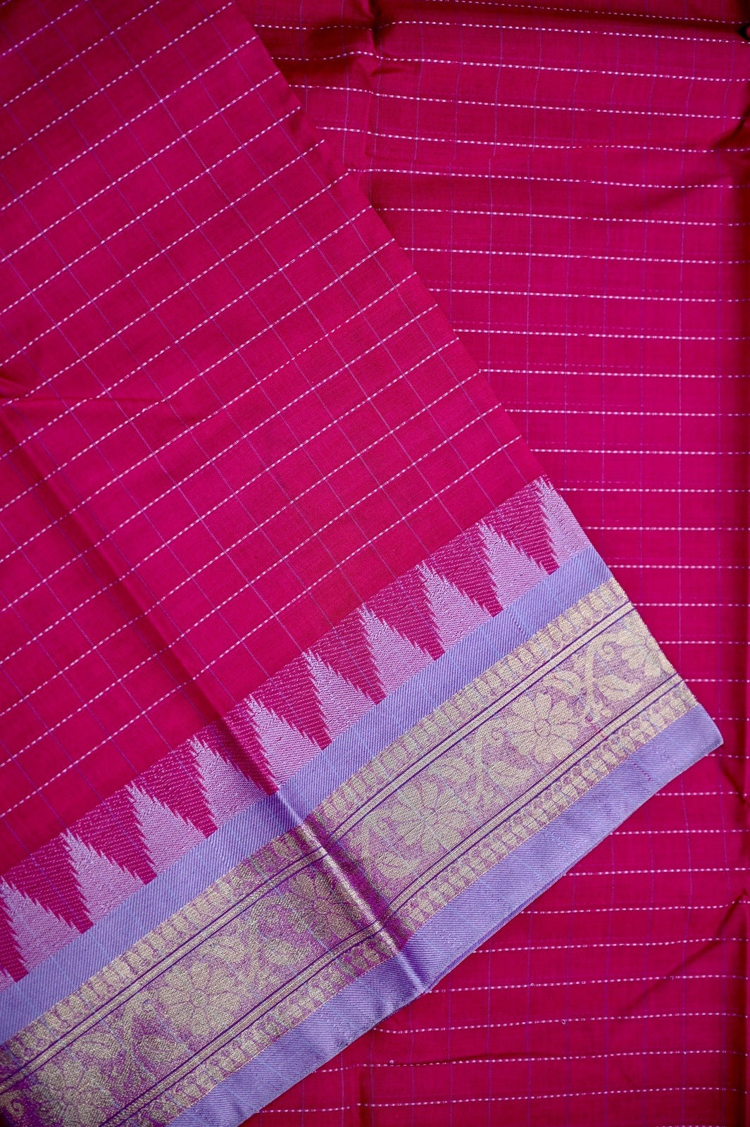 Dhaka cotton saree pink color with allover checks, small zari border, short pallu and contrast checks blouse