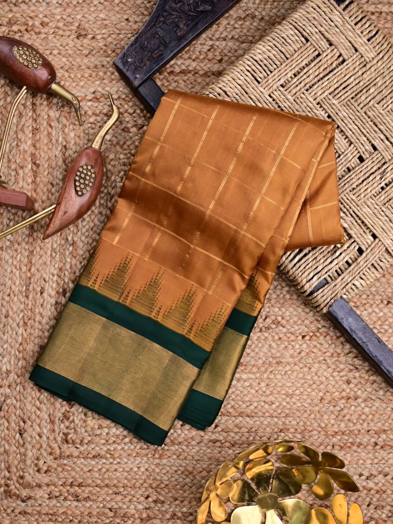 Gadwal pattu saree mustard green color allover checks & small kaddi border with rich contrast pallu and attached plain blouse