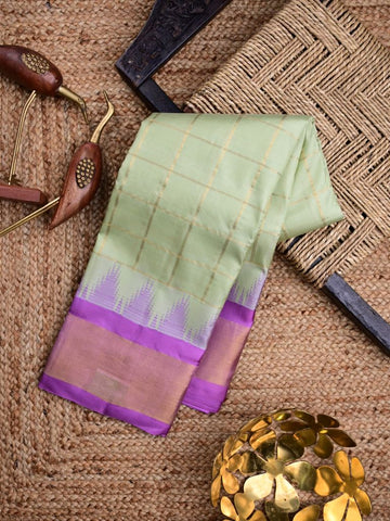 Gadwal pattu saree light pista green color allover checks & small kaddi border with rich contrast pallu and attached plain blouse