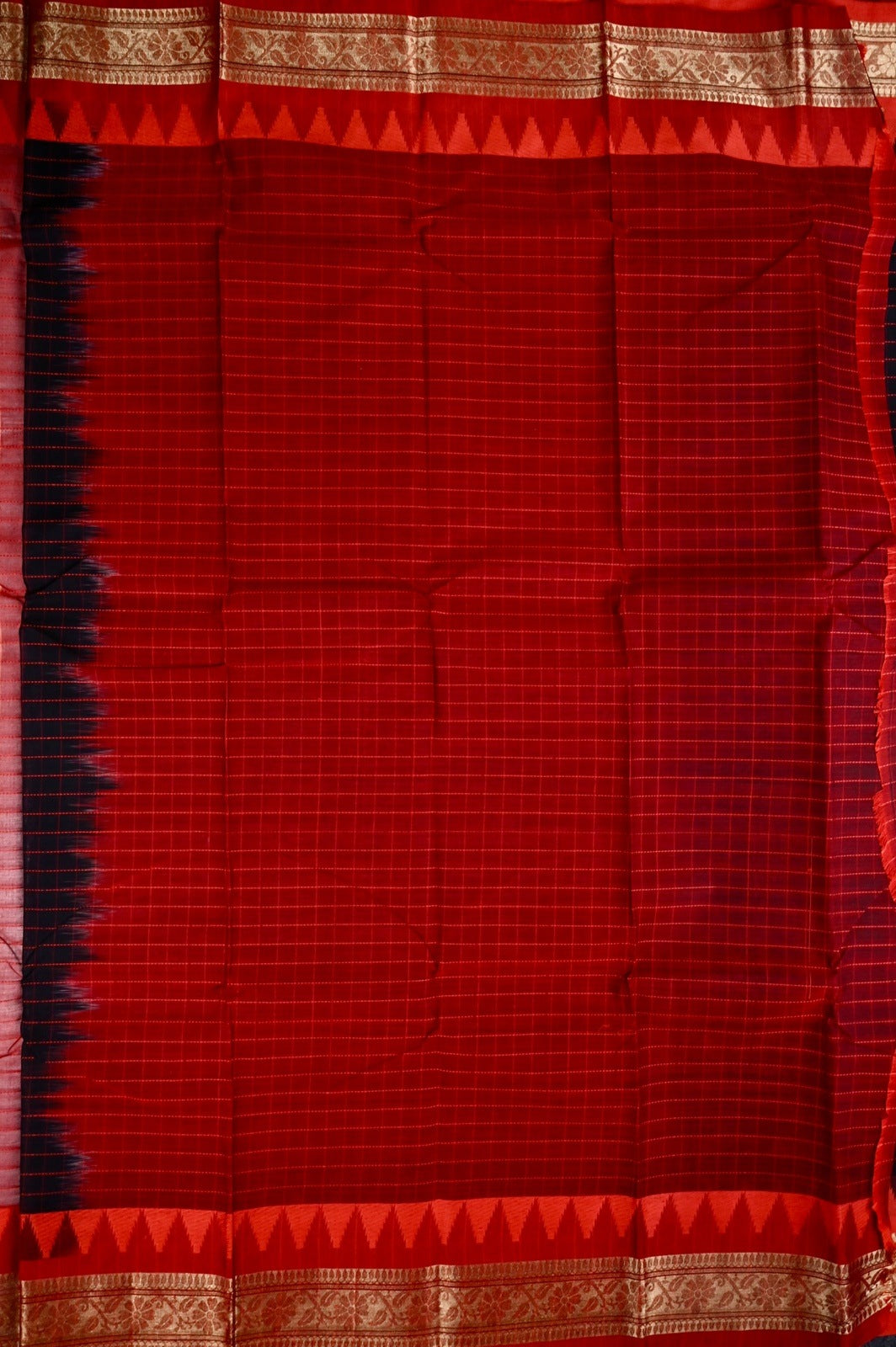Dhaka cotton black and red color with allover checks, small zari border, short pallu and contrast checks blouse