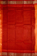 Dhaka cotton grey and red color with allover checks, small zari border, short pallu and contrast checks blouse