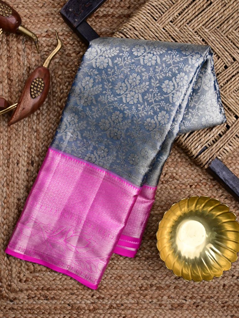 Kanchi tissue pattu bridal saree grey color allover zari weaves & kanchi border with rich pallu and contrast plain blouse