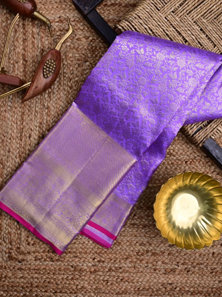 Kanchi pattu bridal saree lavender color allover zari weaves & kanchi border with rich pallu and contrast plain blouse