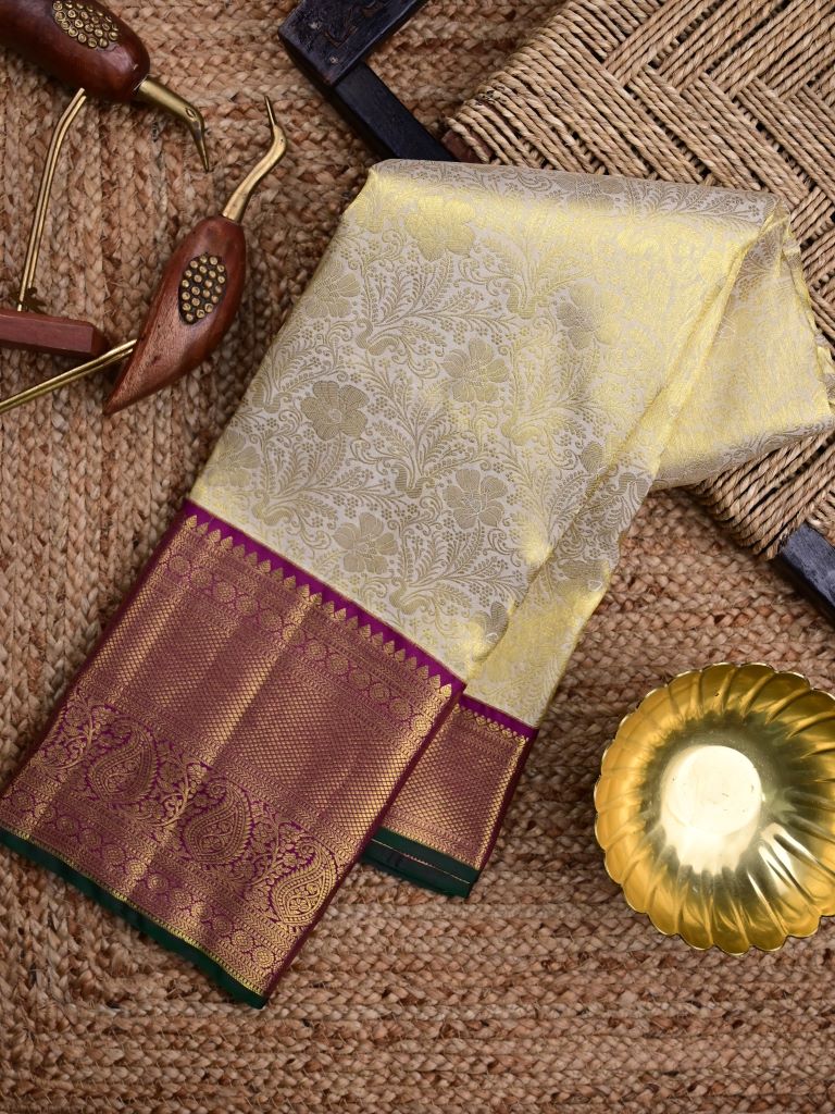 Kanchi pattu bridal saree cream color allover zari weaves & kanchi border with rich pallu and contrast plain blouse