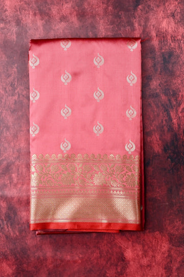 Banaras saree baby pink color with allover zari motive weaves, contrast pallu, big zari border and plain blouse.