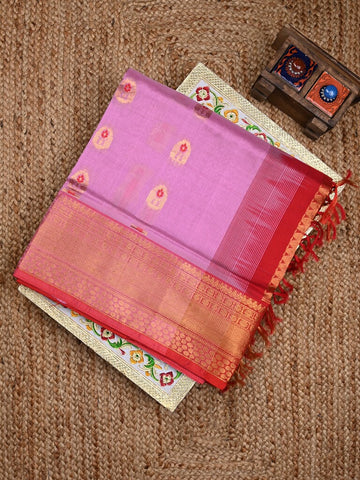 Venkatagiri pattu saree purple color allover zari motifs & kaddi border with rich contrast pallu and attached plain blouse