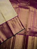 Kanchi pattu bridal saree cream color allover zari weaves & kanchi border with rich pallu and contrast plain blouse