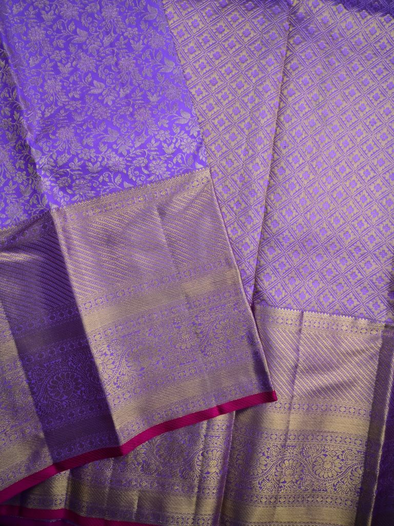 Kanchi pattu bridal saree lavender color allover zari weaves & kanchi border with rich pallu and contrast plain blouse