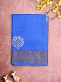 Pure tussar fancy saree sky blue color allover prints & small kaddi border with contrast pallu and attached plain blouse