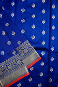 Banaras saree royal blue color with allover zari motive weaves, contrast pallu, big zari border and plain blouse.