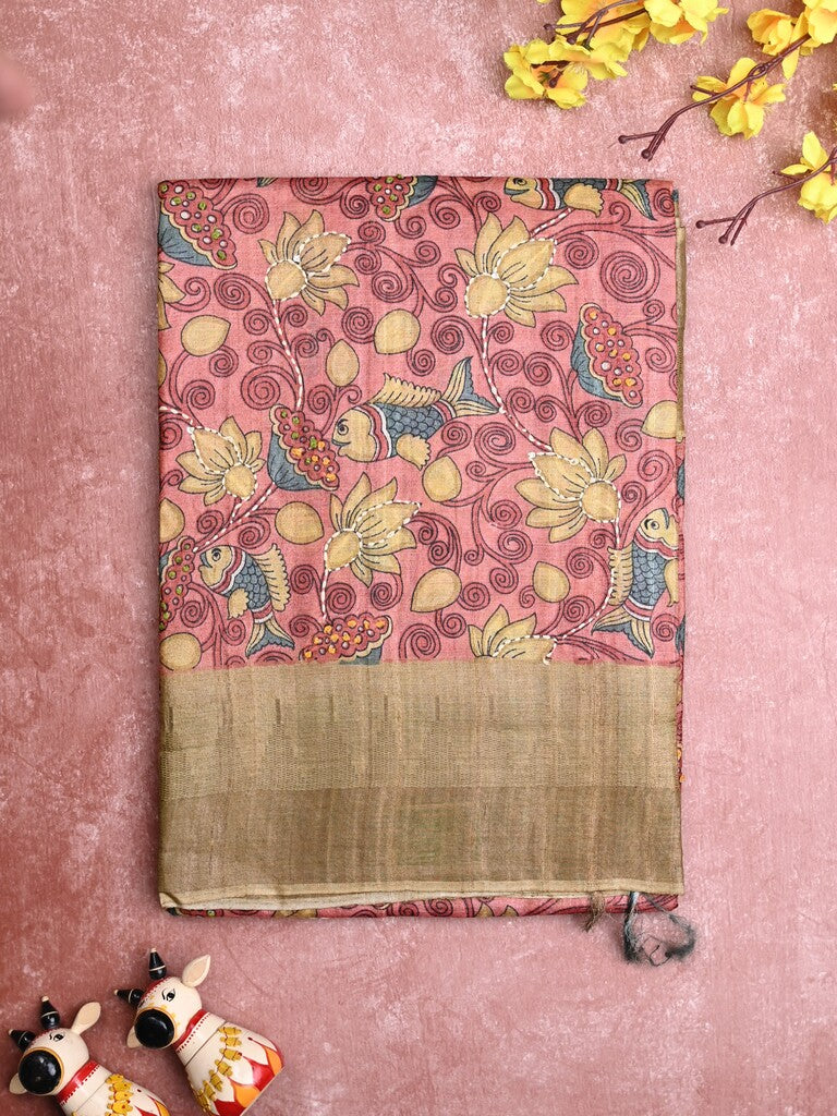 Pure tussar fancy saree peach color allover prints & small kaddi border with contrast pallu and attached plain blouse