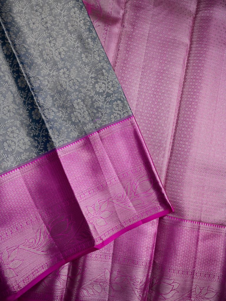 Kanchi tissue pattu bridal saree grey color allover zari weaves & kanchi border with rich pallu and contrast plain blouse