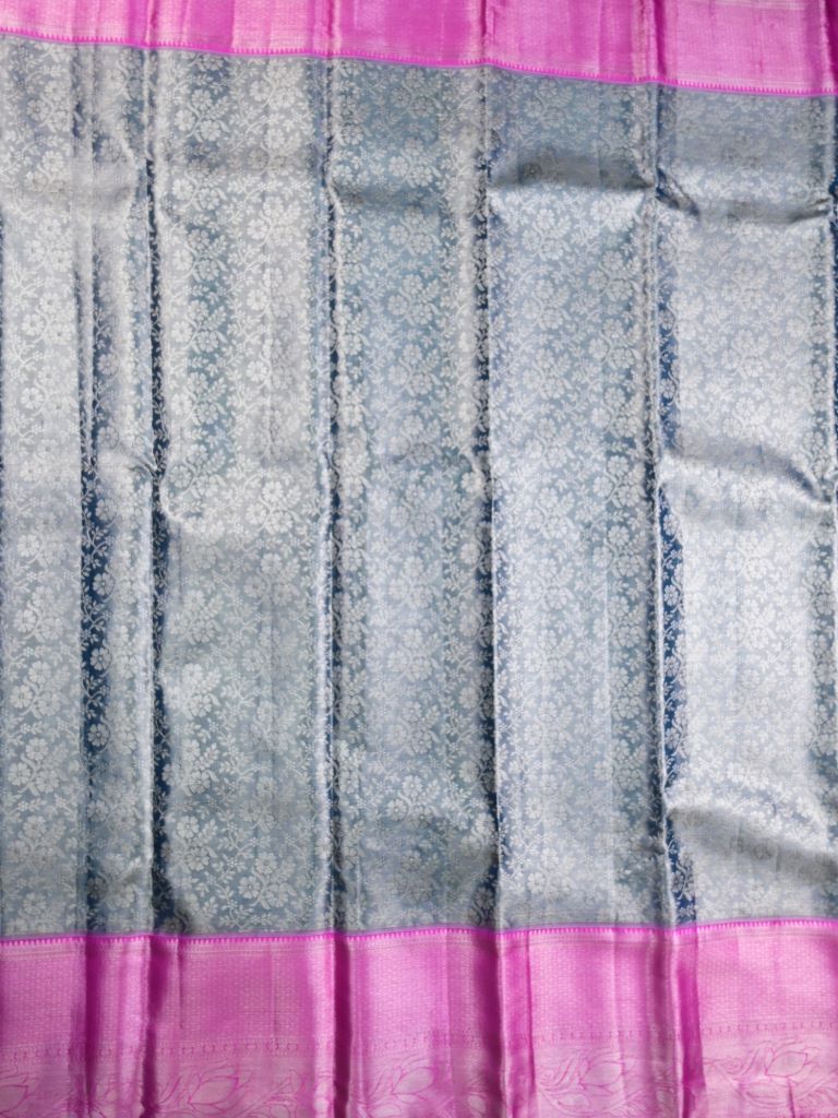 Kanchi tissue pattu bridal saree grey color allover zari weaves & kanchi border with rich pallu and contrast plain blouse