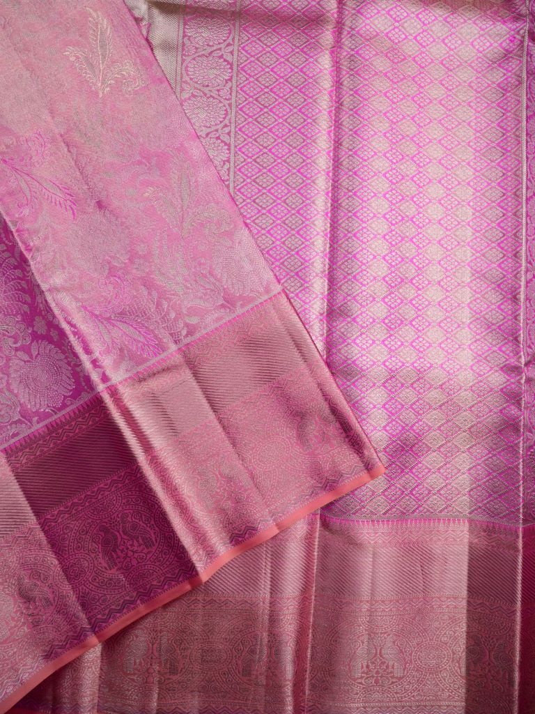 Kanchi tissue pattu bridal saree light pink color allover zari weaving & zari border with rich pallu and attached plain blouse