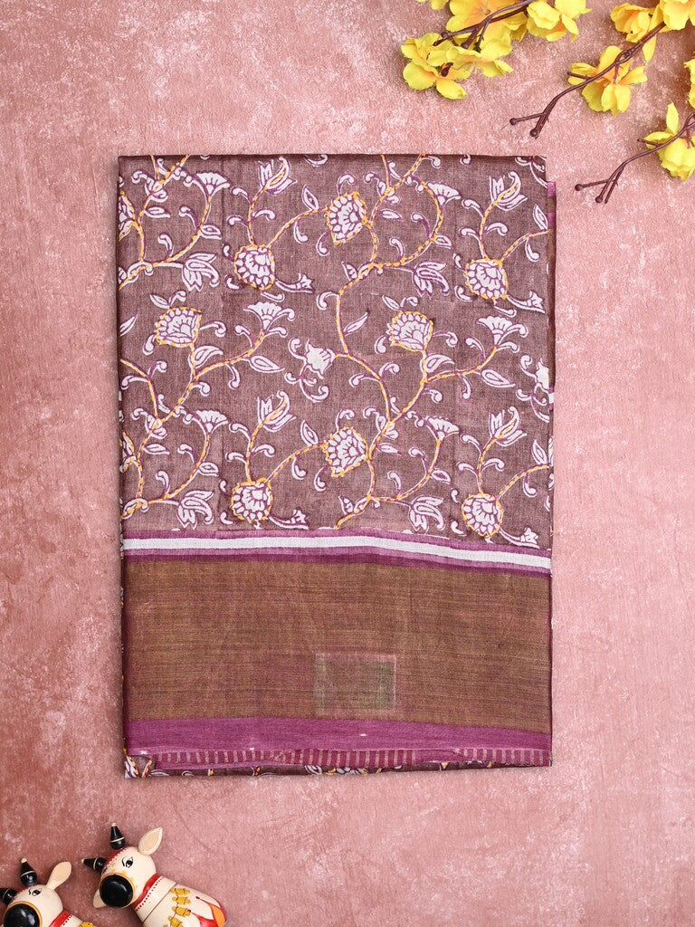 Pure tussar fancy saree light purple color allover prints & small kaddi border with contrast pallu and attached plain blouse