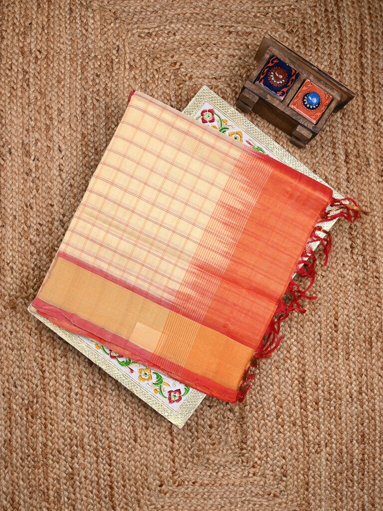 Uppada seiko pattu saree cream color allover checks & kaddi border with zari contrast pallu and attached plain blouse