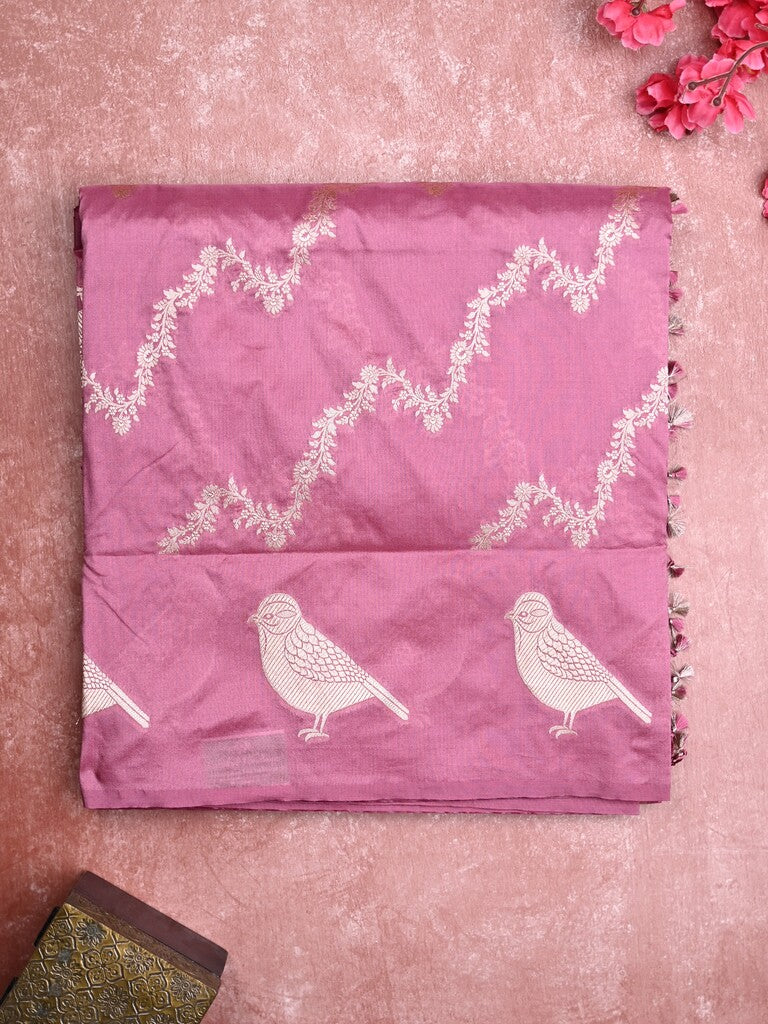 Banaras fancy saree onion pink color allover zari weaves & zari border with short pallu and plain blouse