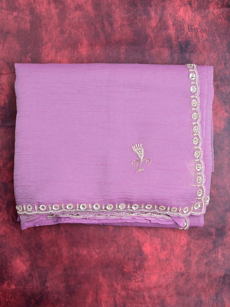 Chiffon crush fancy saree lavender color allover embroidery butis & cutwork embroidery border with running pallu and embroidery stitched blouse