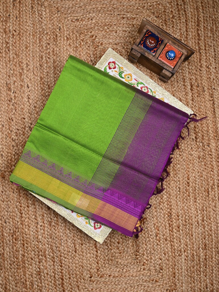 Uppada seiko pattu saree green color allover plain & temple border with zari contrast pallu and attached plain blouse