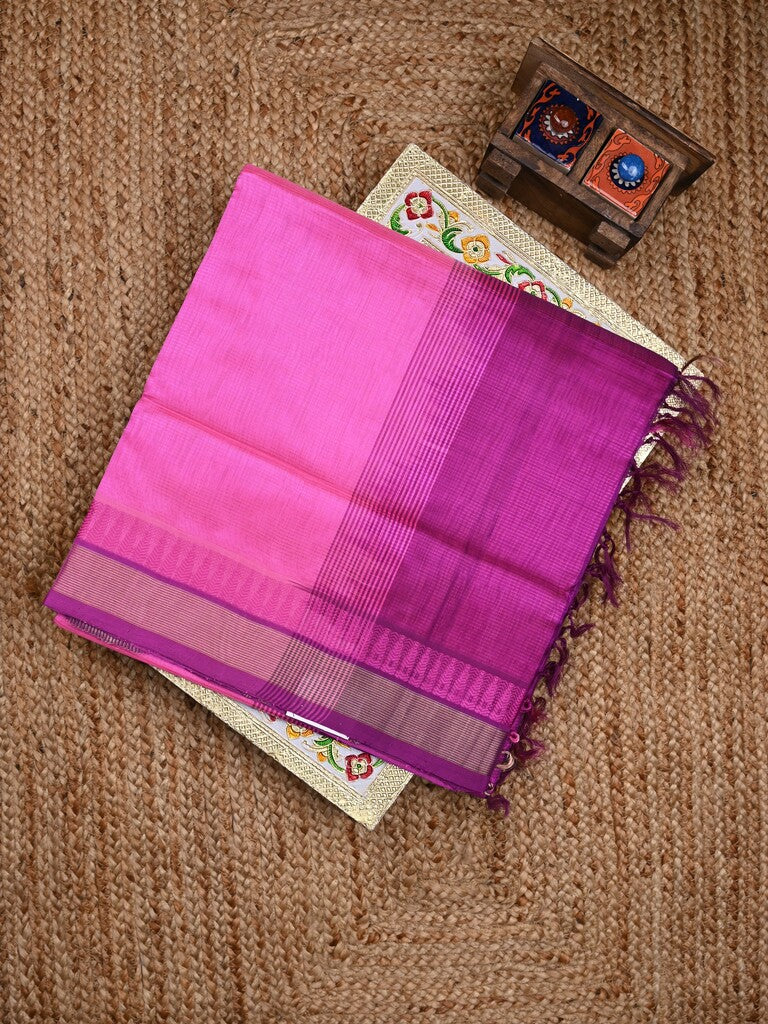 Uppada seiko pattu saree pink color allover plain & temple border with zari contrast pallu and attached plain blouse