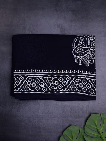 Mul mul cotton saree black color allover prints & printed border with printed pallu and contrast plain blouse