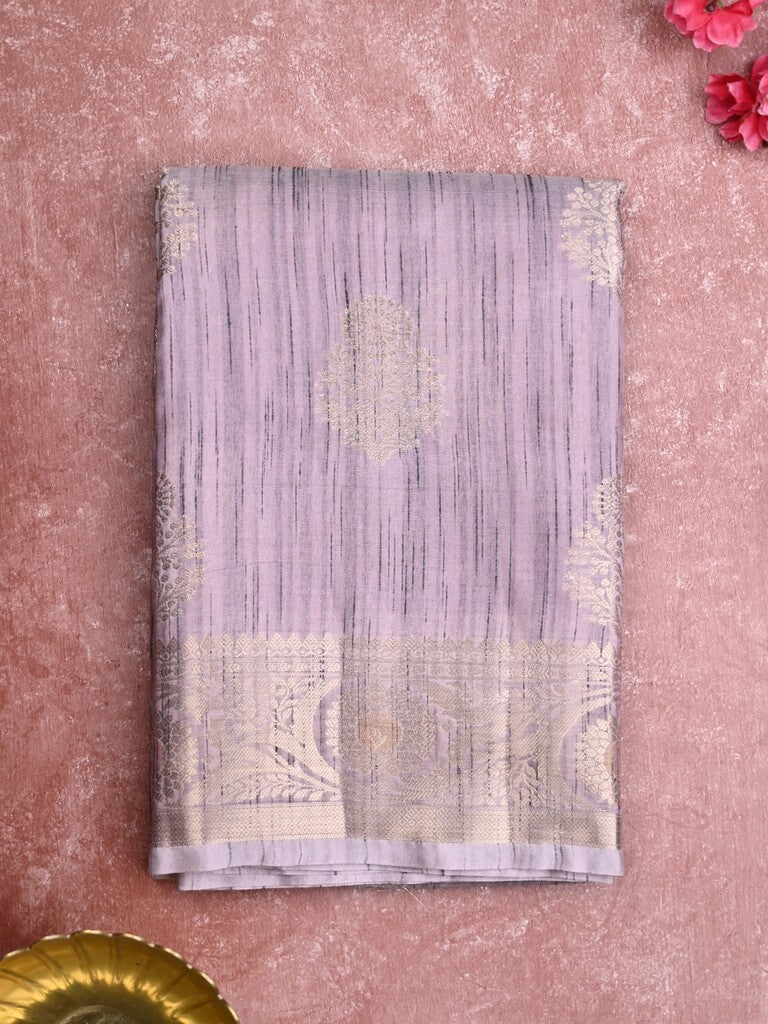 Chanderi jute fancy saree light purple color allover zari weaves & zari border with short pallu and brocade blouse