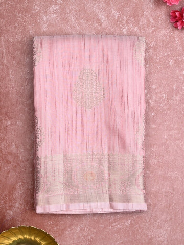 Chanderi jute fancy saree light pink color allover zari weaves & zari border with short pallu and brocade blouse