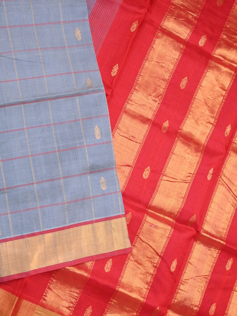 Uppada seiko pattu saree grey color allover zari motifs & kaddi border with contrast zari pallu and attached plain blouse