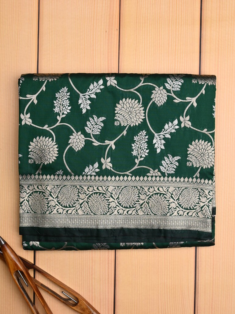 Banaras fancy saree bottle green color allover zari weaves & zari border with rich pallu and plain blouse