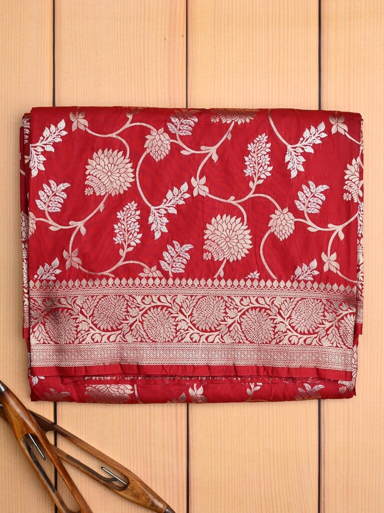 Banaras fancy saree red color allover zari weaves & zari border with rich pallu and plain blouse