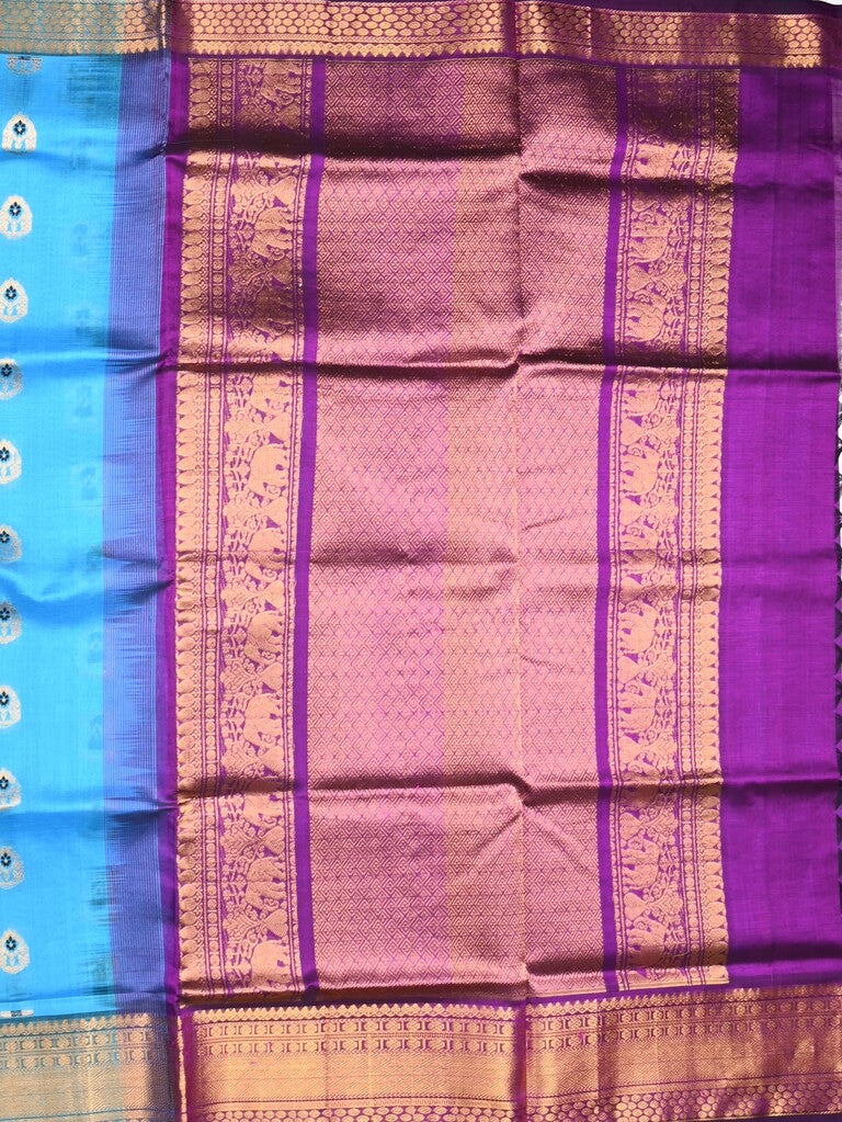 Venkatagiri pattu saree sky blue color allover zari motifs & kaddi border with rich contrast pallu and attached plain blouse