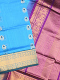 Venkatagiri pattu saree sky blue color allover zari motifs & kaddi border with rich contrast pallu and attached plain blouse