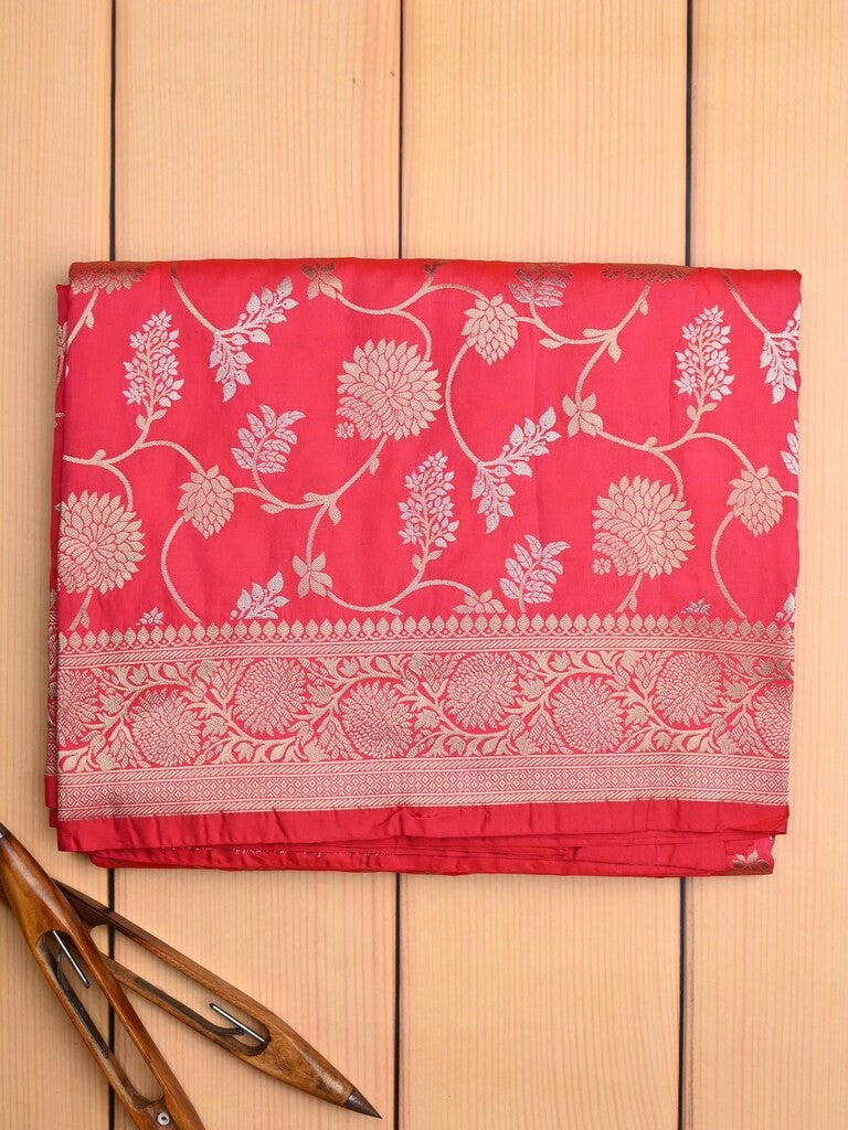 Banaras fancy saree coral pink color allover zari weaves & zari border with rich pallu and plain blouse