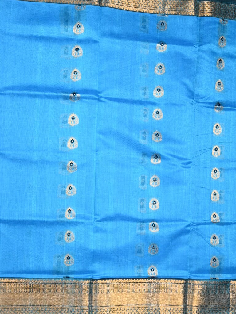 Venkatagiri pattu saree sky blue color allover zari motifs & kaddi border with rich contrast pallu and attached plain blouse