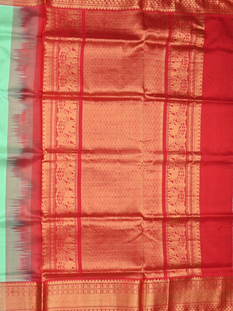 Venkatagiri pattu saree lux green color allover zari motifs & kaddi border with rich contrast pallu and attached plain blouse