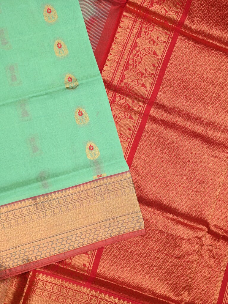 Venkatagiri pattu saree lux green color allover zari motifs & kaddi border with rich contrast pallu and attached plain blouse