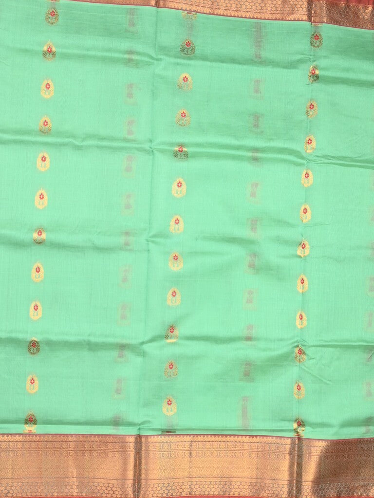 Venkatagiri pattu saree lux green color allover zari motifs & kaddi border with rich contrast pallu and attached plain blouse